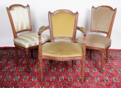 null AN ARMCHAIR AND TWO CHAIRS IN THE LOUIS XVI STYLE, with trapezoidal cabriolet...