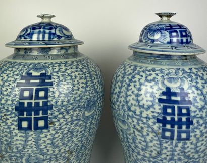 null CHINE 

Paire de potiches couvertes en porcelaine bleu et blanc à décor de motifs...