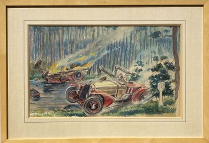 Peinture Geo Ham « 24 Heures du Mans 1933 ». Le vainqueur Raymond Sommer (associé...