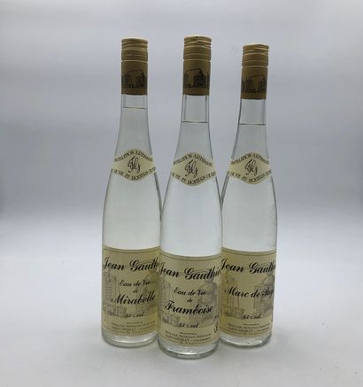 null 3 bouteilles : 1 EAU DE VIE Mirabelle Jean Gauthier, 1 EAU DE VIE Framboise...