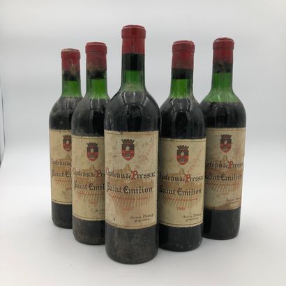 null 5 bouteilles : 2 CHÂTEAU PRESSAC 1959 Saint-Emilion, 2 CHATEAU PRESSAC 1966...