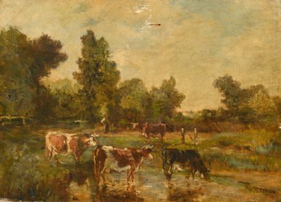null CHARLES PÉCRUS (1826-1907)

Vaches au paturage, rivière et lisière de forêt

Huile...