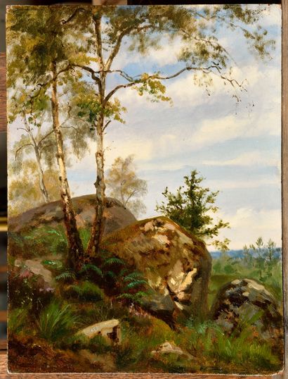 null Jules GUEDY (1805-1876) attribué à 

Paysage aux rochers à Fontainebleau 

Huile...