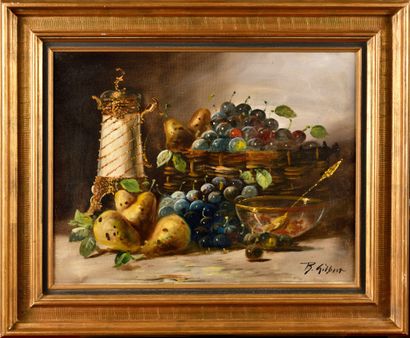 null René GILBERT (XIX - XXème) 

Nature morte aux poires et prunes 

Huile sur toile...