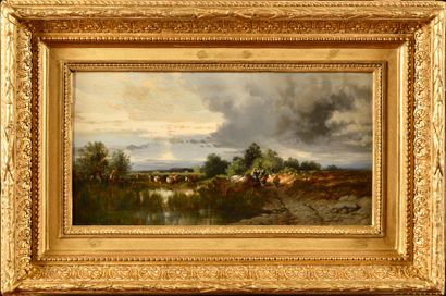 null Eugene CICERI (1813-1890) 

Herd of cows at the pond

Oil on cardboard 

21...
