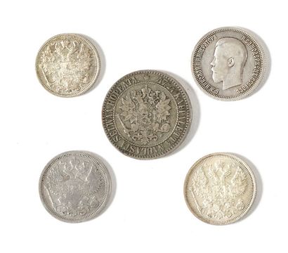 null LOT de pièces de monnaie : 1) 25 kopeks 1896. Argent, 4,95 g. 2) 2 Markka 1865....