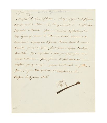 null NAPOLÉON Ier. Lettre signée « Nap » au ministre de la Guerre le général Henry...