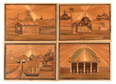 null WOLIGNY. POPULAR WORK. 

Suite of four paintings in straw marquetry

a) " La...