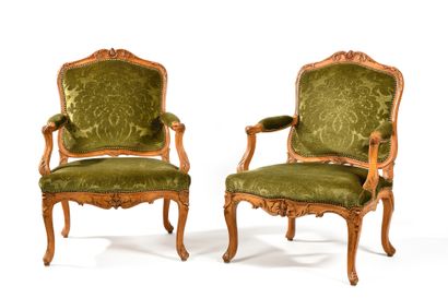 PAIR OF ARMCHAIRS IN BEECH WOOD AND FINELY...