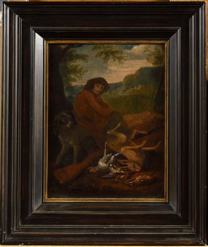 null ADRIAEN DE GRYEFF (1657-1722) 
Hunting trophy with a hunter 
Oil on panel 
21...