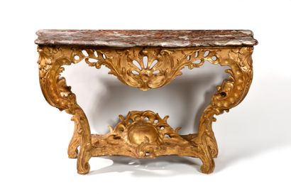 CONSOLE IN CARVED AND GILDED OAK WITH ROCAILLE...