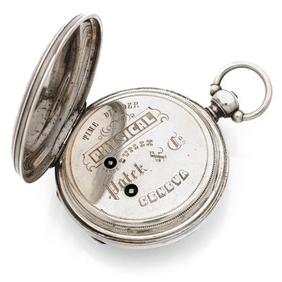 null PATEK & C°
Duplex exhaust system.
About : 1850.
Silver pocket watch. Enamel...