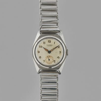 null UNIVERSAL GENEVA
Ref: 21011.
Circa: 1940.
Steel wristwatch, tonneau case. Silvered...