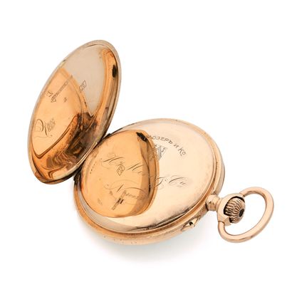 null Hy MOSER & Cie
Gousset. 
Vers 1900. 
Montre de gousset en or rose 585/1000 signée...