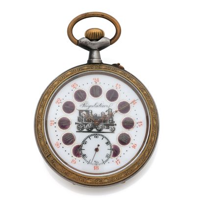 null REGULATOR
Circa: 1900.
24 hours regulator gousset watch in steel. Engraved and...