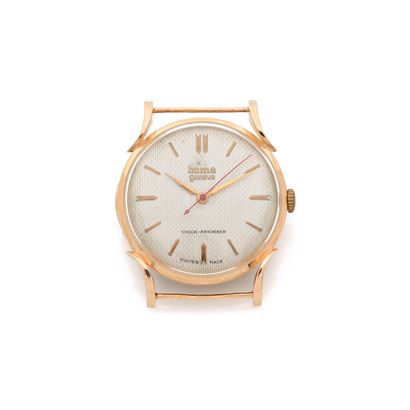 null HUMA
About 1950. 
Ref : 15100. 
Pink gold bracelet watch 750/1000 case with...