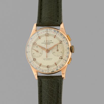 null AZUR

Chronograph.
About 1950.
Chronograph watch in pink gold 750/1000 with...