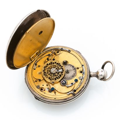 null AUTOMATES
About : 1800. 
Pocket watch with automatons, in silver. Blue dial...