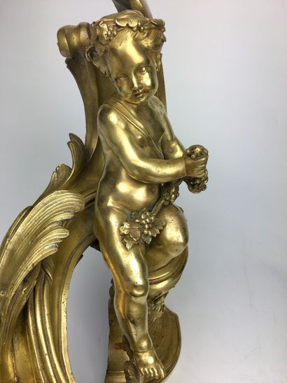 null PAIRE DE FEUX DE CHEMINEE en bronze doré et ciselé à décor d'enfants Bacchus...