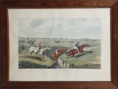 null Suite de six gravures anglaises en couleurs à décor de scènes de chasse avec...