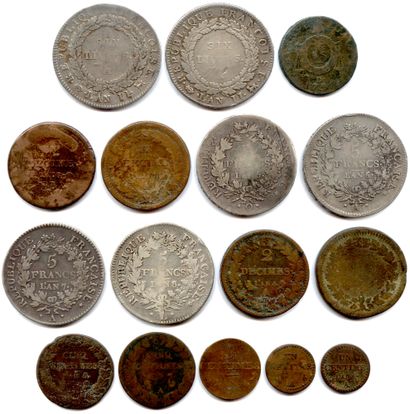 null Lot de 16 monnaies de la CONVENTION et du DIRECTOIRE en argent et en bronze:

Ecu...