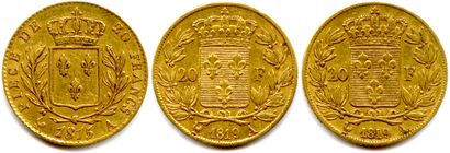 null Lot de 3 monnaies d’or de LOUIS XVIII:

20 Francs or buste habillé 1815 A 

20...