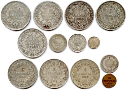 null Lot de 12 monnaies en argent de la Deuxième République :

5 Francs Hercule 1848...