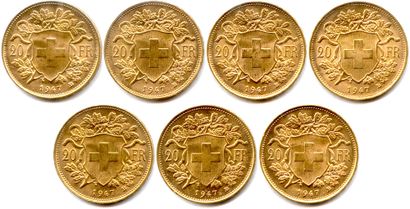 null SUISSE 

Lot de 7 monnaies de 20 Francs or « Vrénéli » 1947 B

(45,25 g)

(...