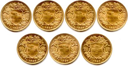 null SUISSE 

Lot de 7 monnaies de 20 Francs or « Vrénéli » 1935 B

(45,20 g)

(...