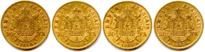 null Lot de 4 monnaies d’or de NAPOLÉON III :

20 Francs tête laurée 1864 A, 1865...