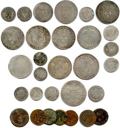 null Ensemble de 23 monnaies en argent de Louis XIV :

1/12 d’écu à la mèche courte...