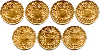 null SUISSE 

Lot de 7 monnaies de 20 Francs or « Vrénéli » 1935 B

(45,23 g)

(...