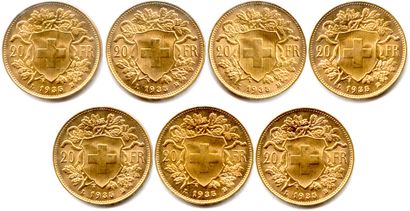 null SUISSE 

Lot de 7 monnaies de 20 Francs or « Vrénéli » 1935 B

(45,21 g)