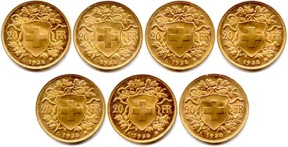 null SUISSE 

Lot de 7 monnaies de 20 Francs or « Vrénéli » 1935 B

(45,25 g)

(...