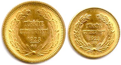 null TURQUIE République deuis 1923 – Président KEMAL ATATURK

Lot de 2 monnaies or

50...