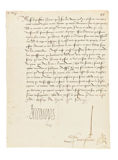 null FRANÇOIS I. Letter signed "Françoys" countersigned by his secretary Nicolas...