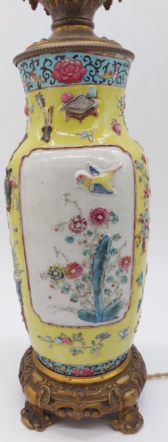 null LAMP in porcelain of China with enamelled decoration in relief of birds and...
