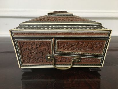 null WORKBOX with a lid in carved exotic wood and veneers of ivory and blackened...