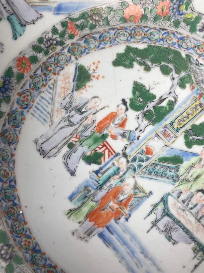 null CHINA 
Polychrome porcelain basin with green family enamel decoration of characters...