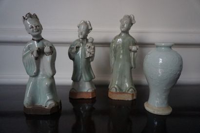 null CHINA 
Three celadon enamelled terracotta statuettes 
19th - 20th century 
H...