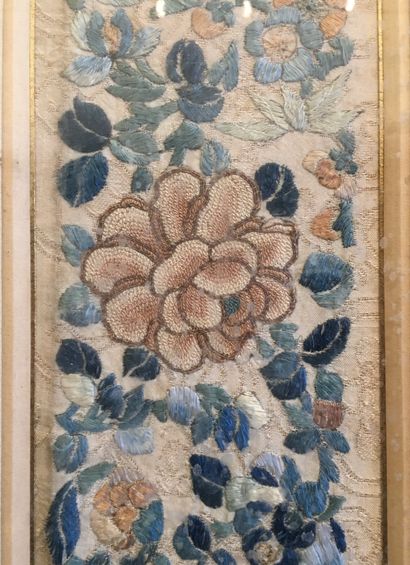 null CHINA 
Three embroideries on silk framed 
Early 19th century 
47 x 11 cm (v...
