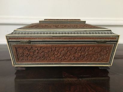 null WORKBOX with a lid in carved exotic wood and veneers of ivory and blackened...