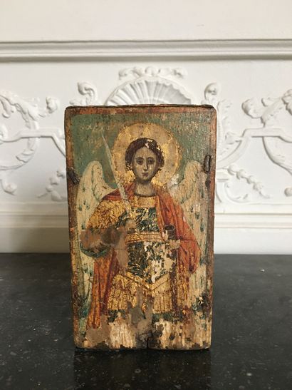 null SMALL TRUNK in painted wood decorated with Saint Gregory and the archangels...