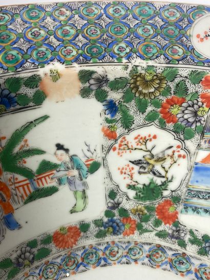 null CHINA 
Polychrome porcelain basin with green family enamel decoration of characters...