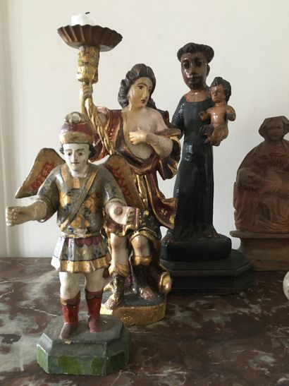 null COLLECTION OF SIX STATUETTES in polychrome painted wood with religious subjects...
