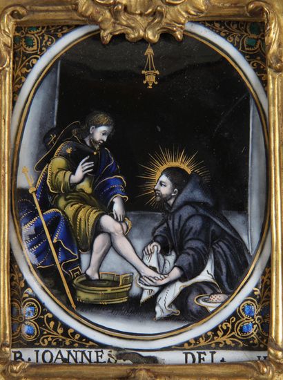 null Plaque en émail peint polychrome avec rehauts d’or représentant saint Jean de...