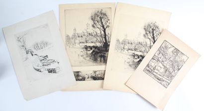 null LOT DE QUATRE GRAVURES à l'eau forte et bois figurant des vues de Paris.