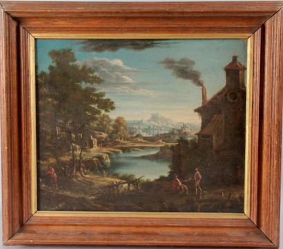 null ITALIAN SCHOOL circa 1800

ANIMATED LANDSCAPE WITH RIVER AND MOUNTAINS

Oil...