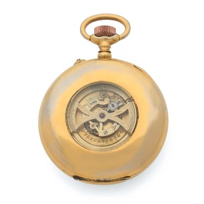 null FUREUR 
Tourbillon carousel.
Circa: 1900.
Gold-plated metal pocket watch, round...