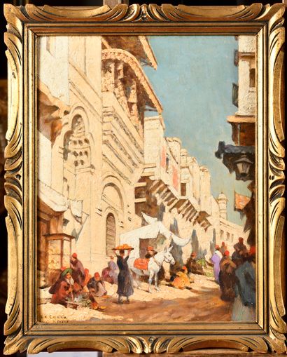 null Louis BÉROUD (1852-1930)
Le marché au Caire 
Huile sur carton 
Signé et situé...